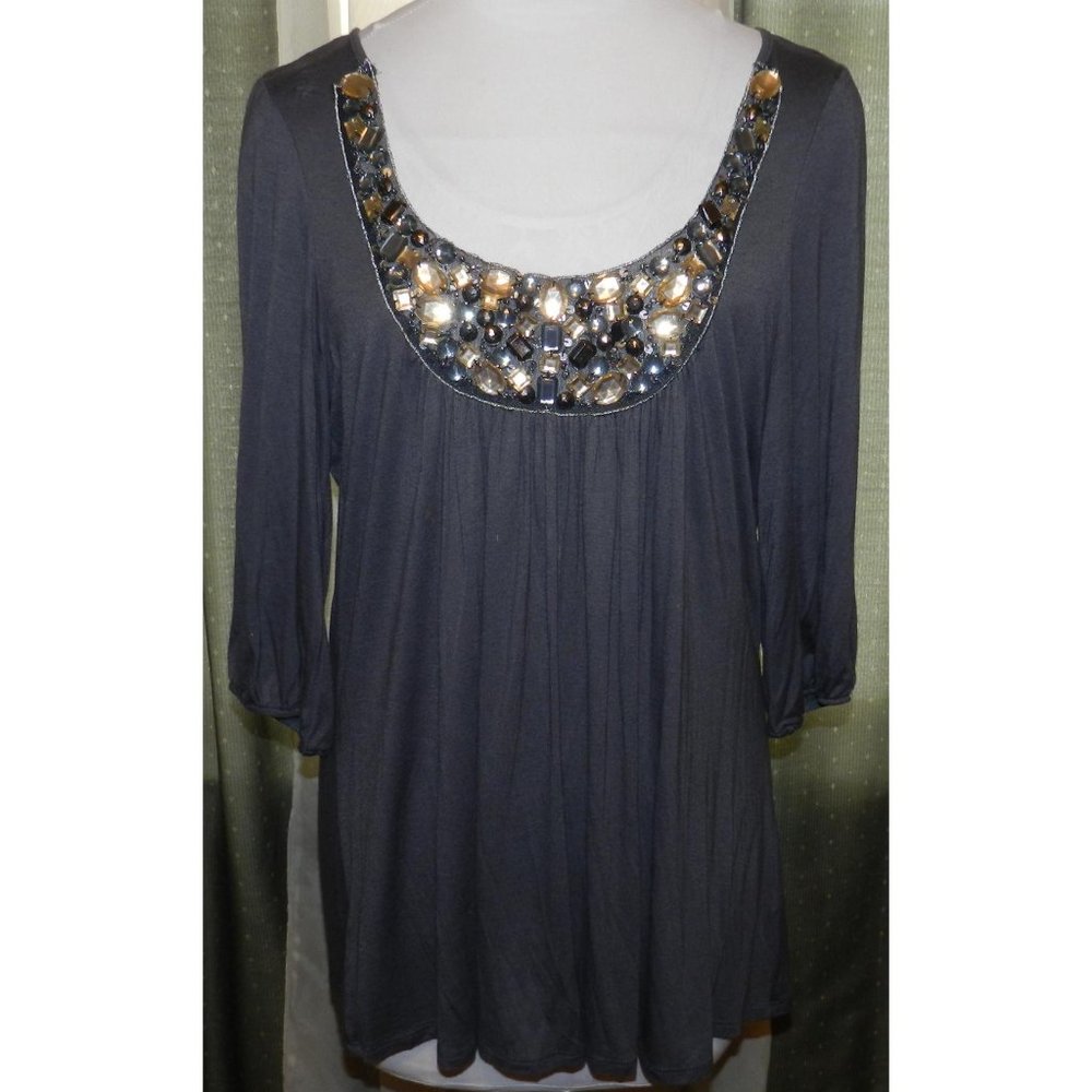 B'leev size 1X slinky stretch blend deep olive embellished top plus size women's